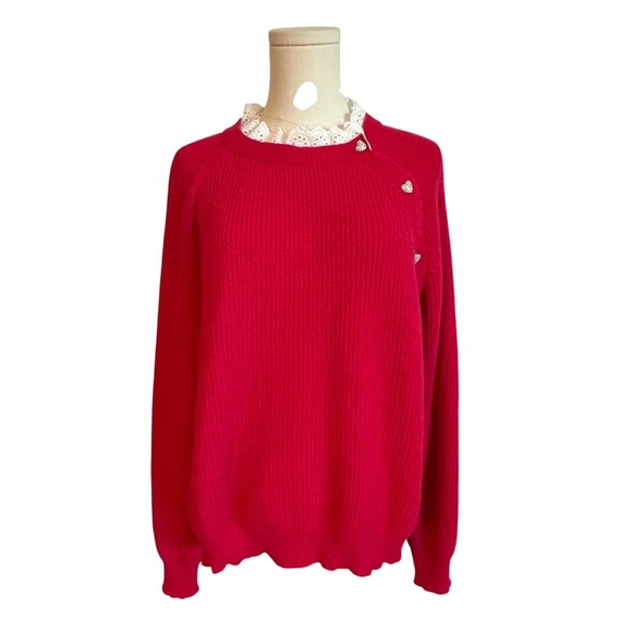 Sweaters - Women's Red Ribbed Knit Sweater with Lace Collar and Rhinestone Heart Buttons